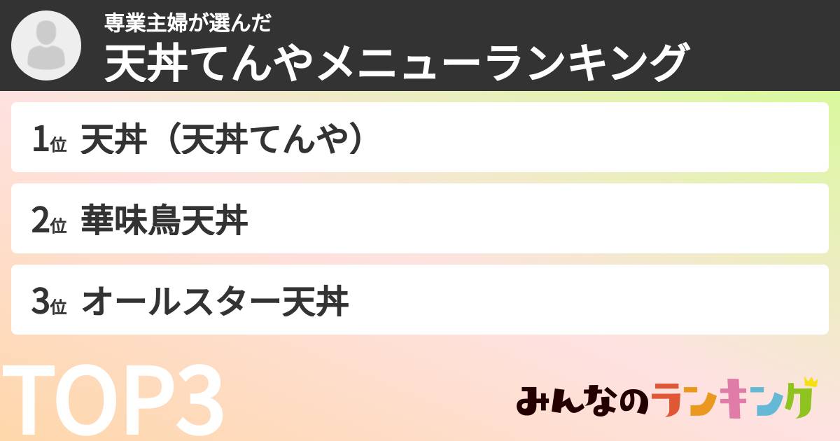 専業主婦さんの「天丼てんやメニューランキング」
