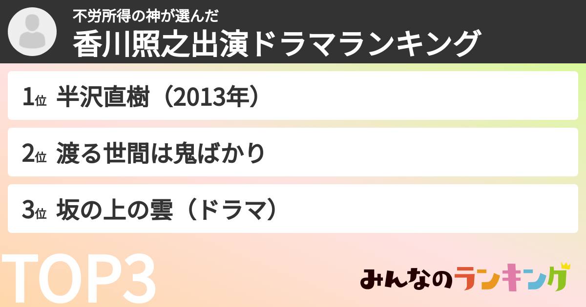 不労所得の神さんの「香川照之出演ドラマランキング」