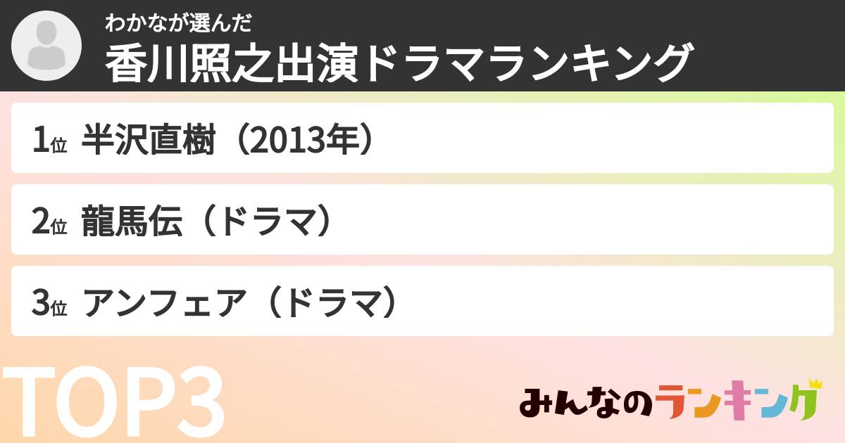 わかなさんの「香川照之出演ドラマランキング」