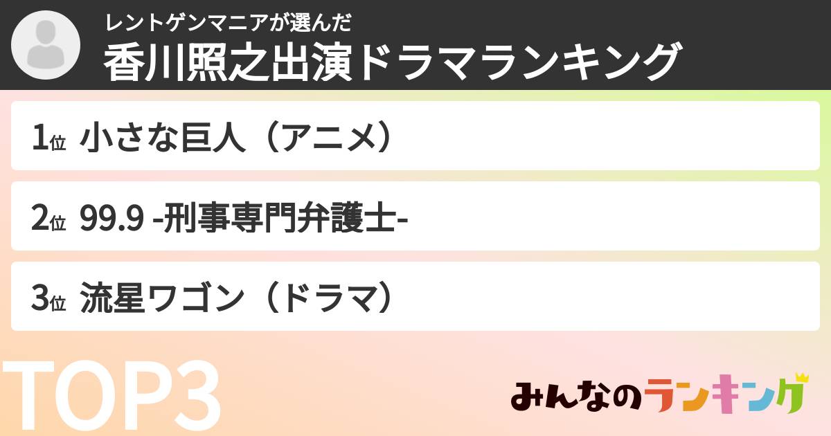 レントゲンマニアさんの「香川照之出演ドラマランキング」