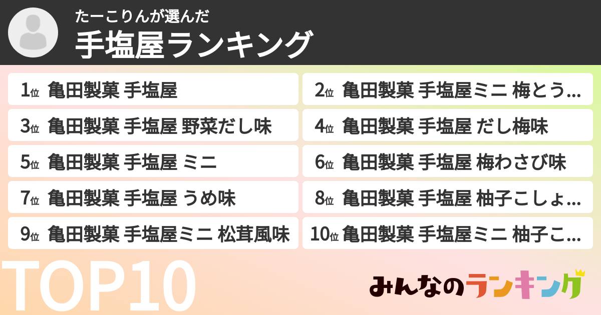 たーこりんさんの「手塩屋ランキング」