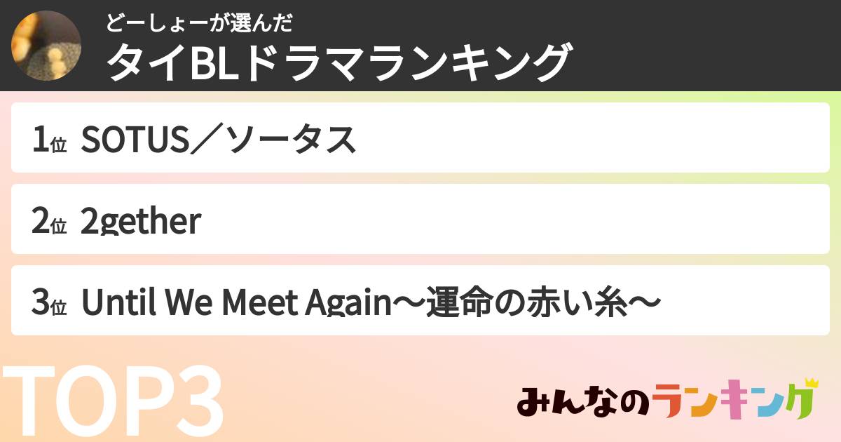 どーしょーさんの「タイBLドラマランキング」
