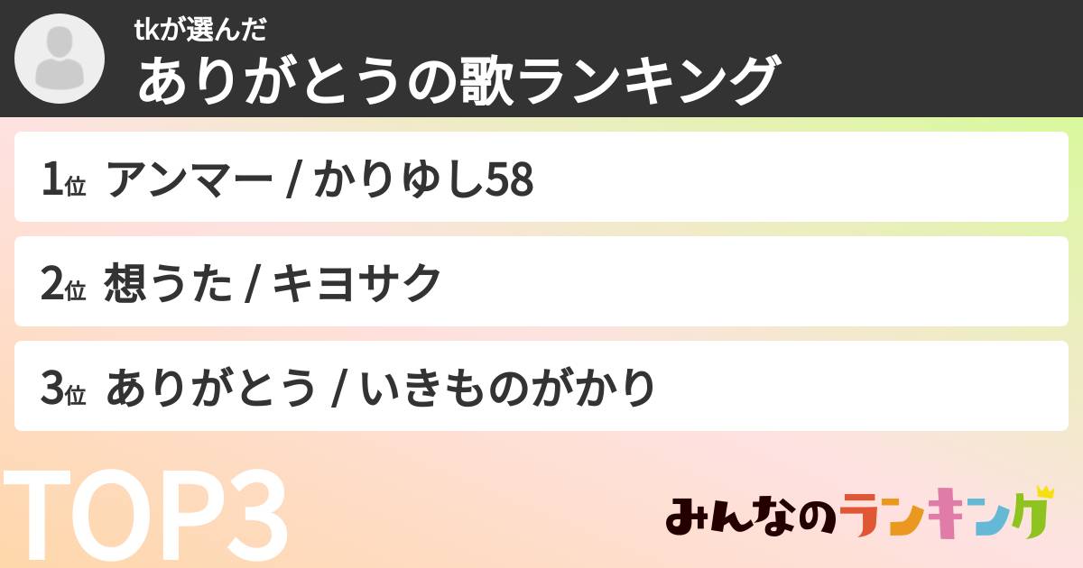 tkさんの「ありがとうの歌ランキング」