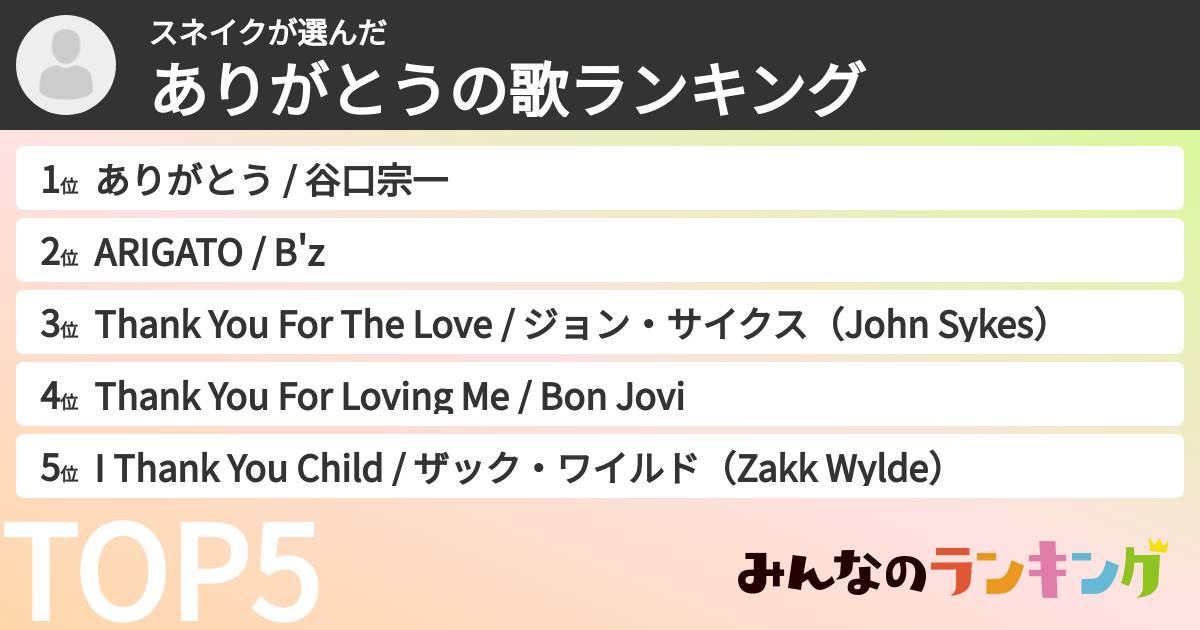 スネイクさんの「ありがとうの歌ランキング」
