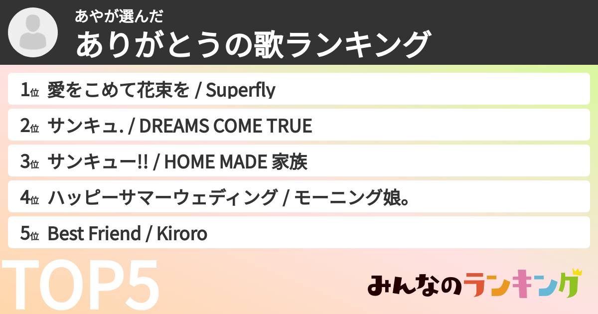 あやさんの「ありがとうの歌ランキング」