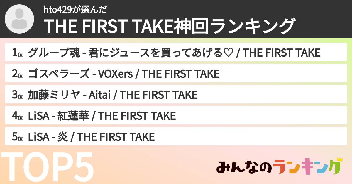 hto429さんの「THE FIRST TAKE神回ランキング」