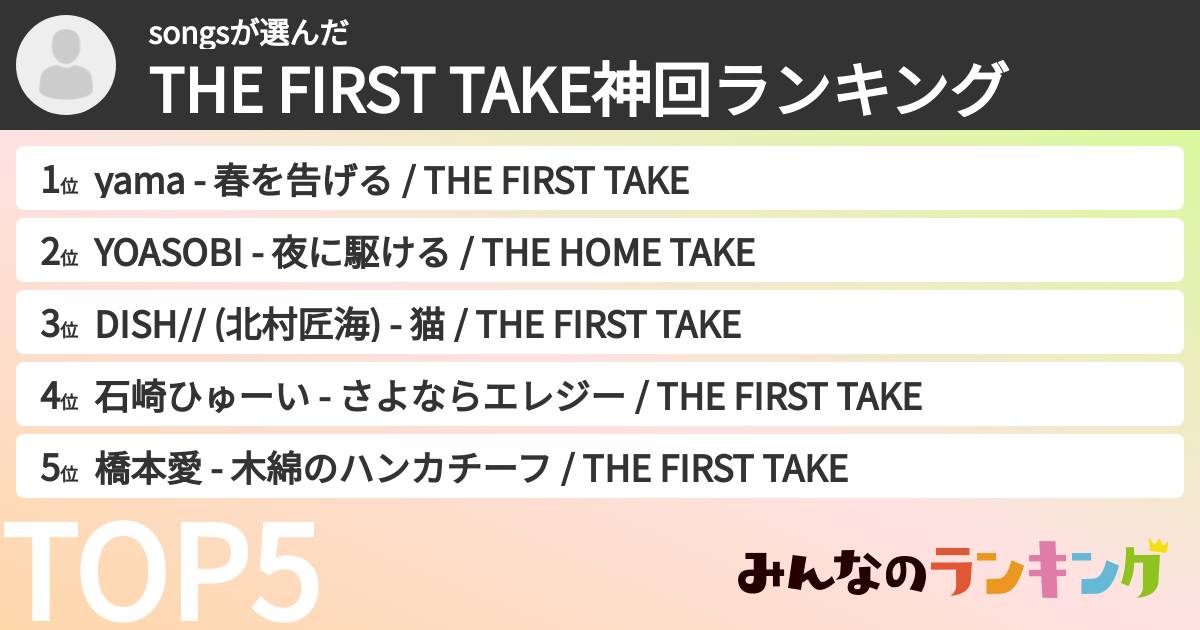 songsさんの「THE FIRST TAKE神回ランキング」