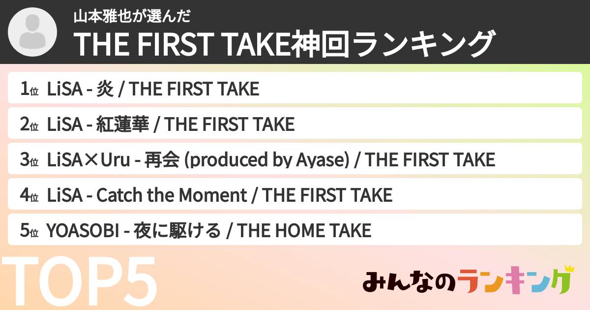 山本雅也さんの「THE FIRST TAKE神回ランキング」