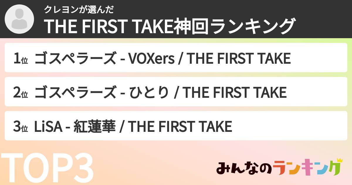 クレヨンさんの「THE FIRST TAKE神回ランキング」