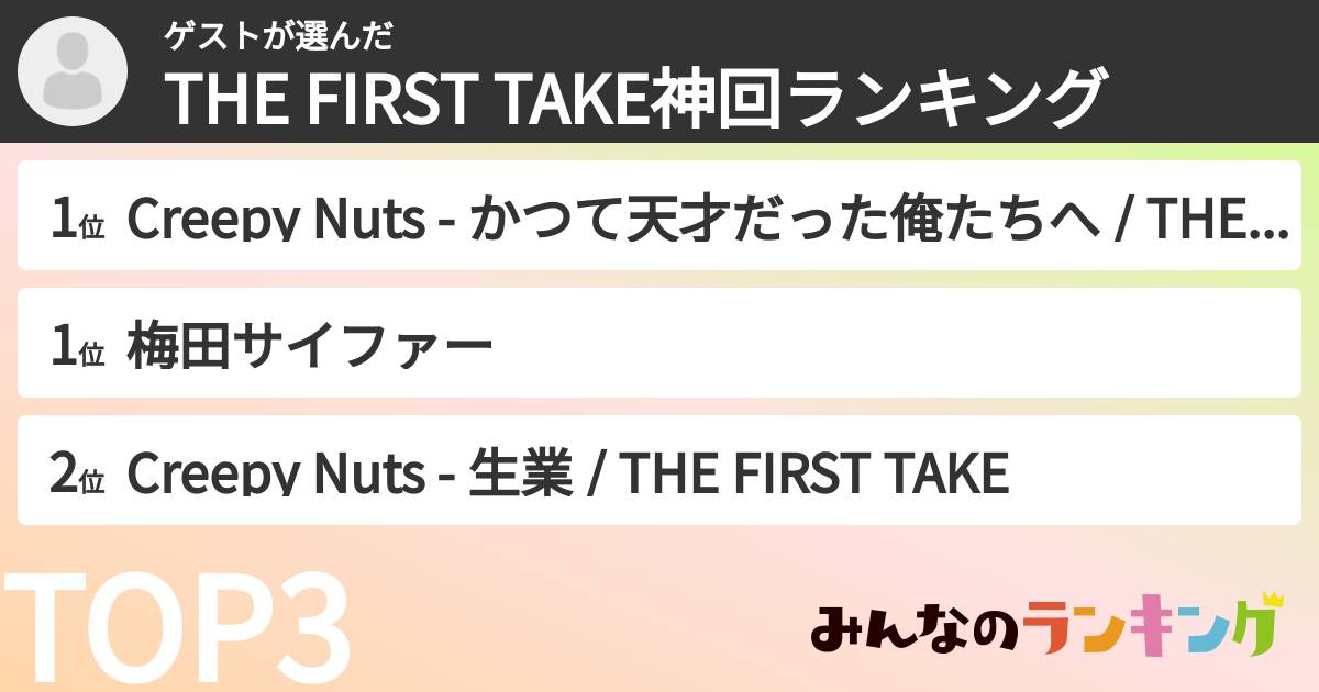 ゲストさんの「THE FIRST TAKE神回ランキング」