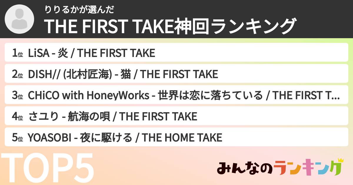 りりるかさんの「THE FIRST TAKE神回ランキング」