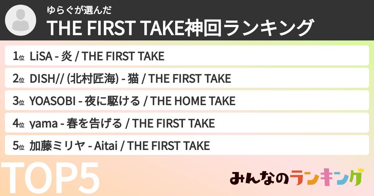 ゆらぐさんの「THE FIRST TAKE神回ランキング」