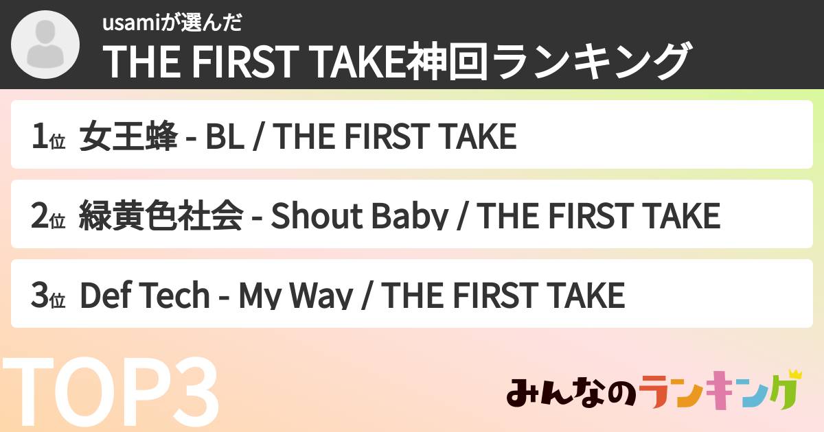 usamiさんの「THE FIRST TAKE神回ランキング」