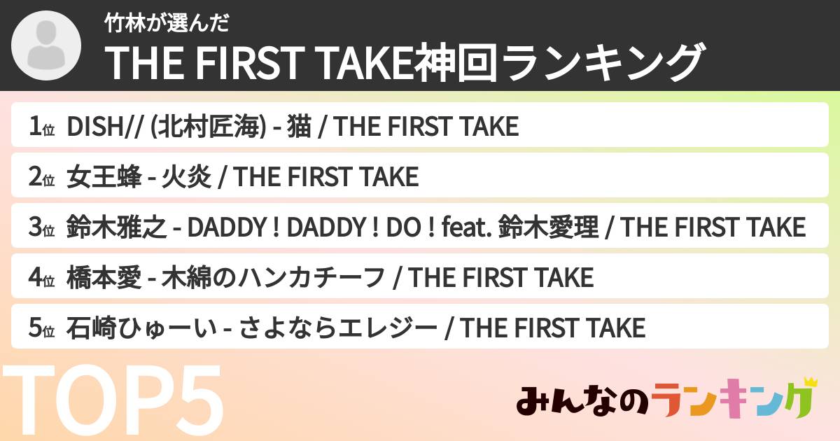 竹林さんの「THE FIRST TAKE神回ランキング」