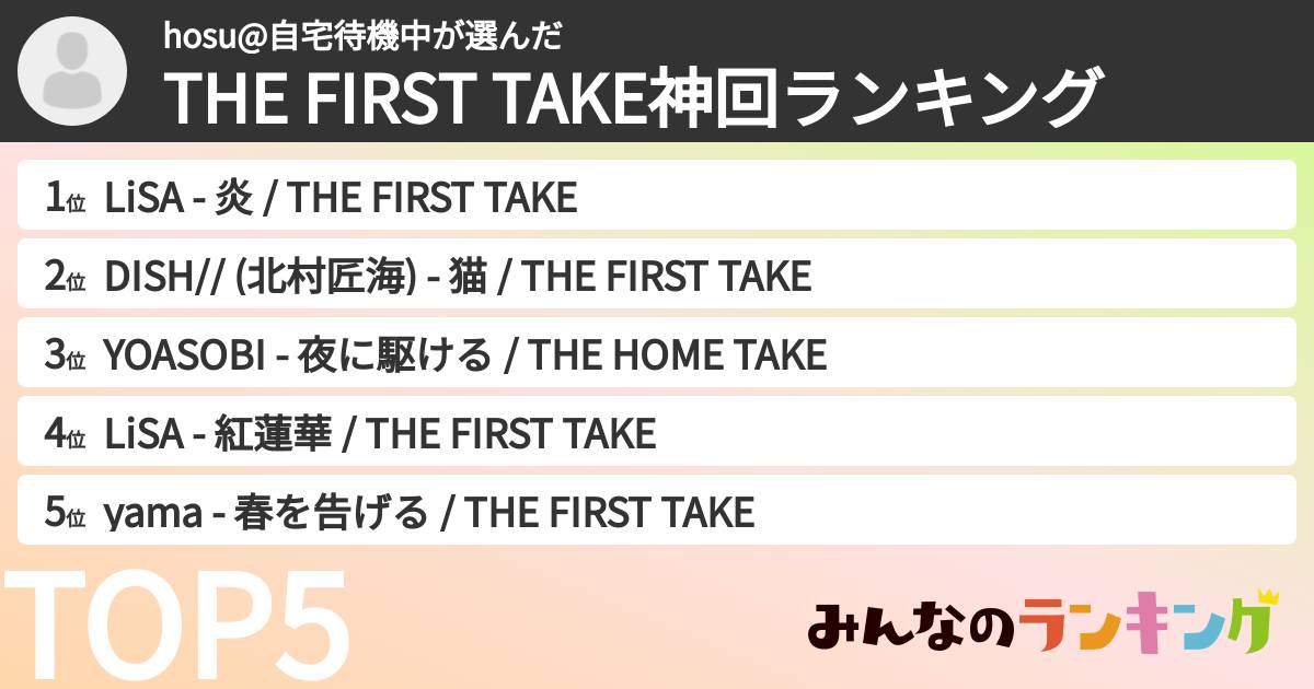hosu@自宅待機中さんの「THE FIRST TAKE神回ランキング」