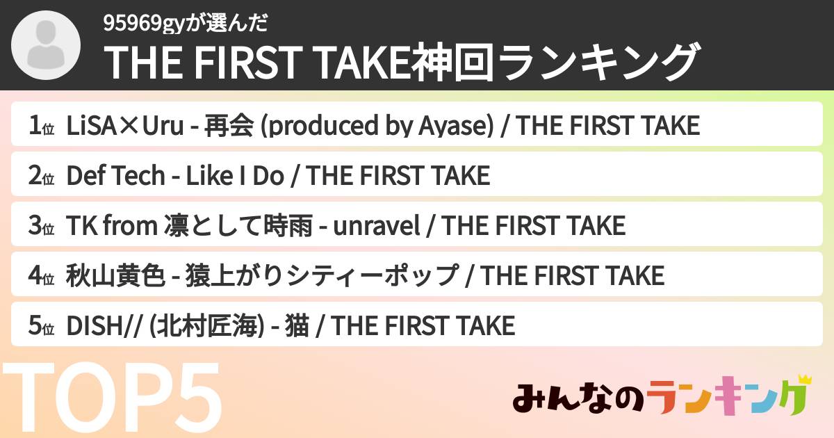 95969gyさんの「THE FIRST TAKE神回ランキング」