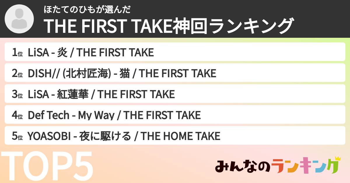 ほたてのひもさんの「THE FIRST TAKE神回ランキング」