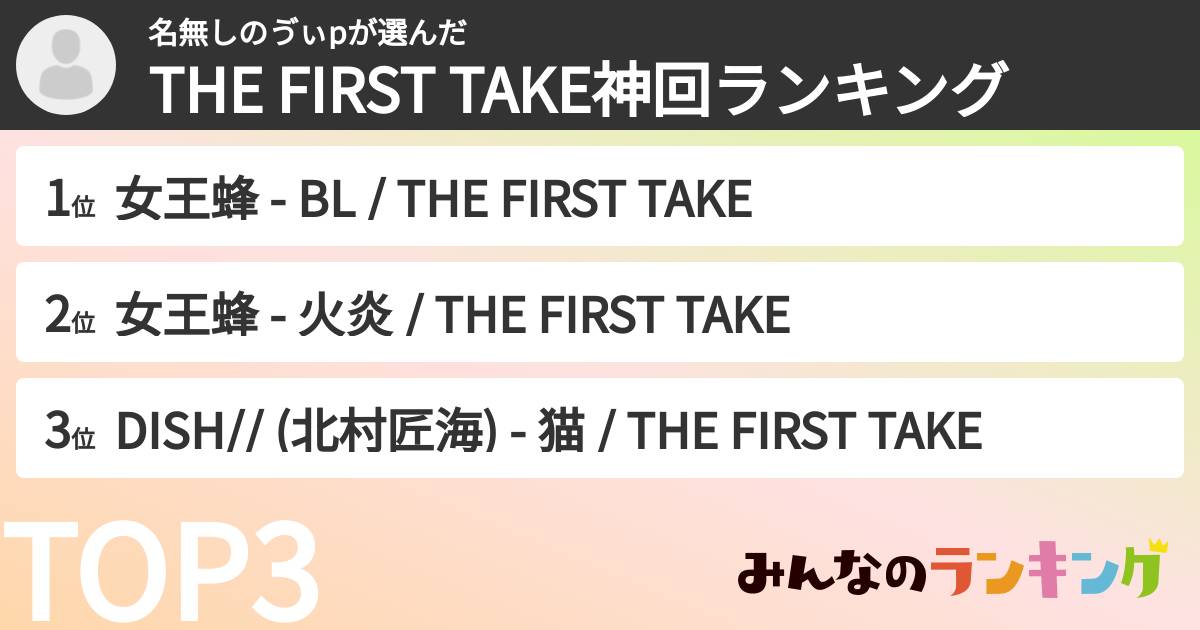 名無しのゔぃpさんの「THE FIRST TAKE神回ランキング」