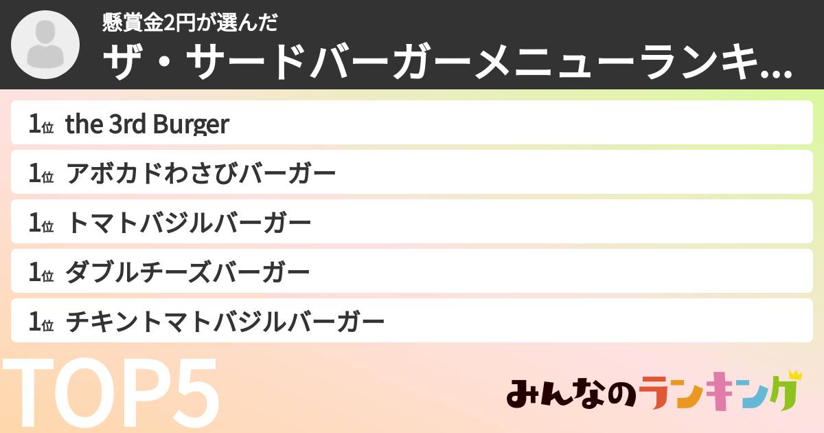 懸賞金2円さんの「ザ・サードバーガーメニューランキング」