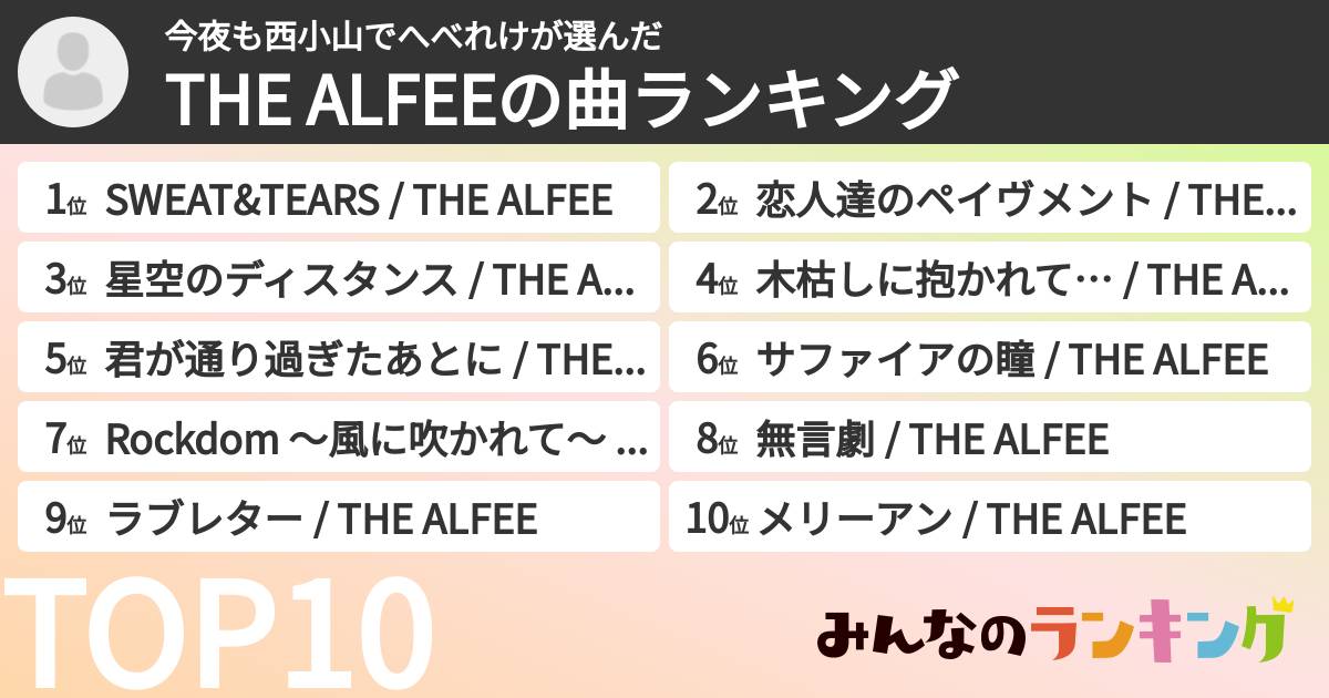 今夜も西小山でへべれけさんの「THE ALFEEの曲ランキング」