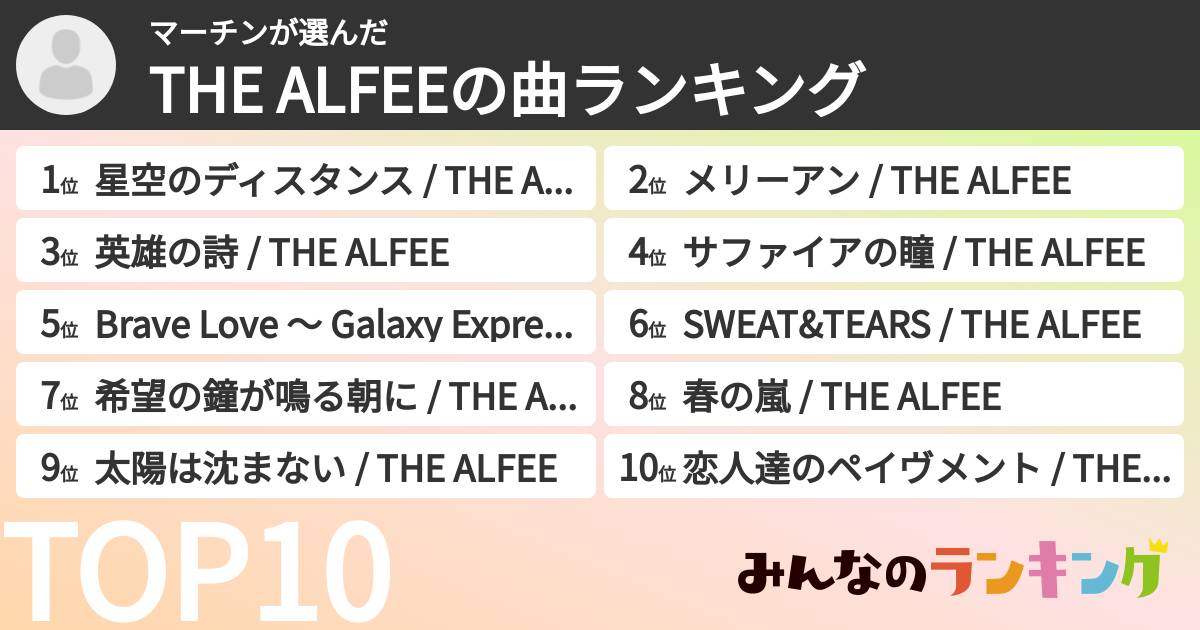 マーチンさんの「THE ALFEEの曲ランキング」