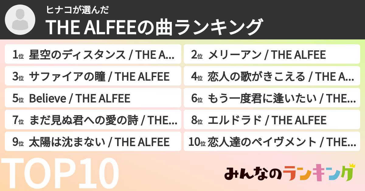 ヒナコさんの「THE ALFEEの曲ランキング」
