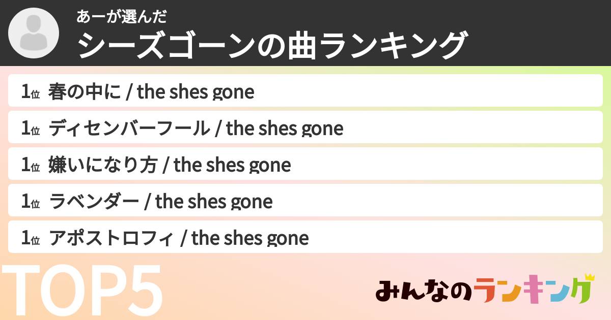 あーさんの「シーズゴーンの曲ランキング」