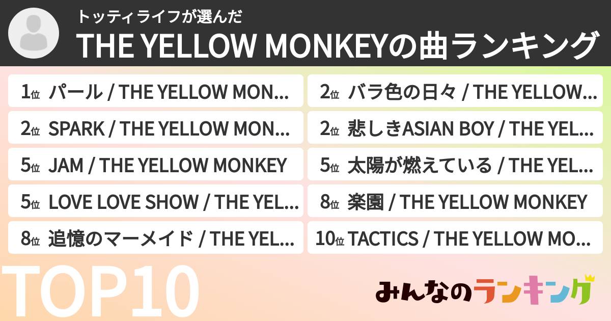 トッティライフさんの「THE YELLOW MONKEYの曲ランキング」