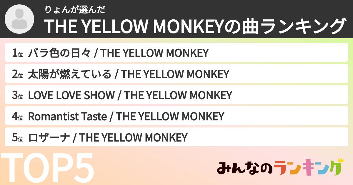 りょんさんの「THE YELLOW MONKEYの曲ランキング」
