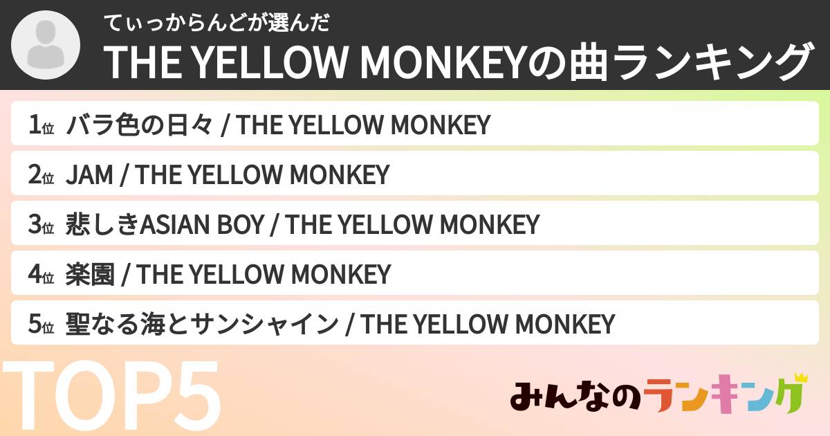 てぃっからんどさんの「THE YELLOW MONKEYの曲ランキング」