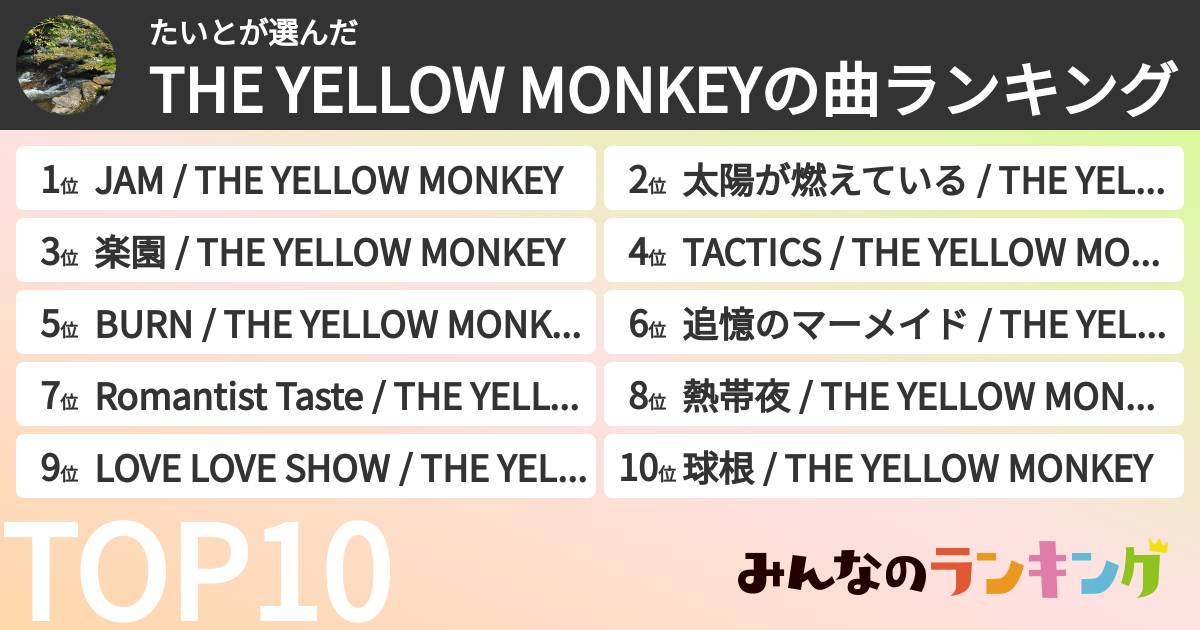 たいとさんの「THE YELLOW MONKEYの曲ランキング」