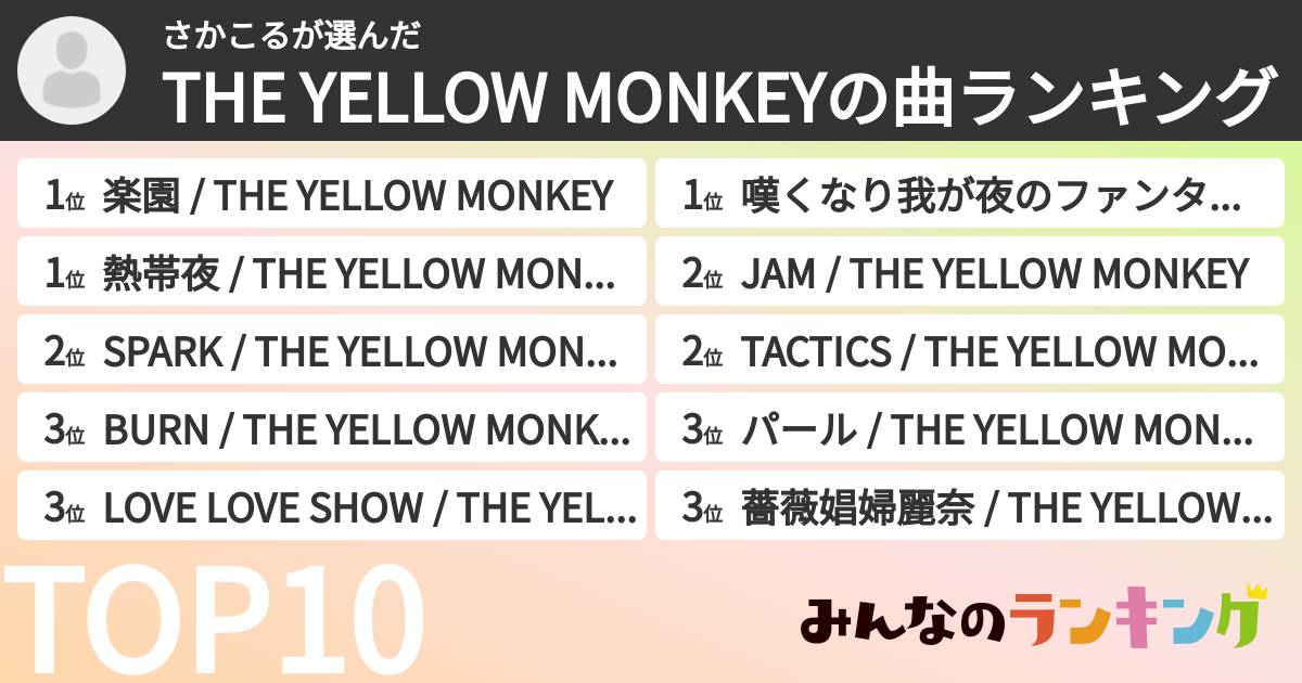 さかこるさんの「THE YELLOW MONKEYの曲ランキング」