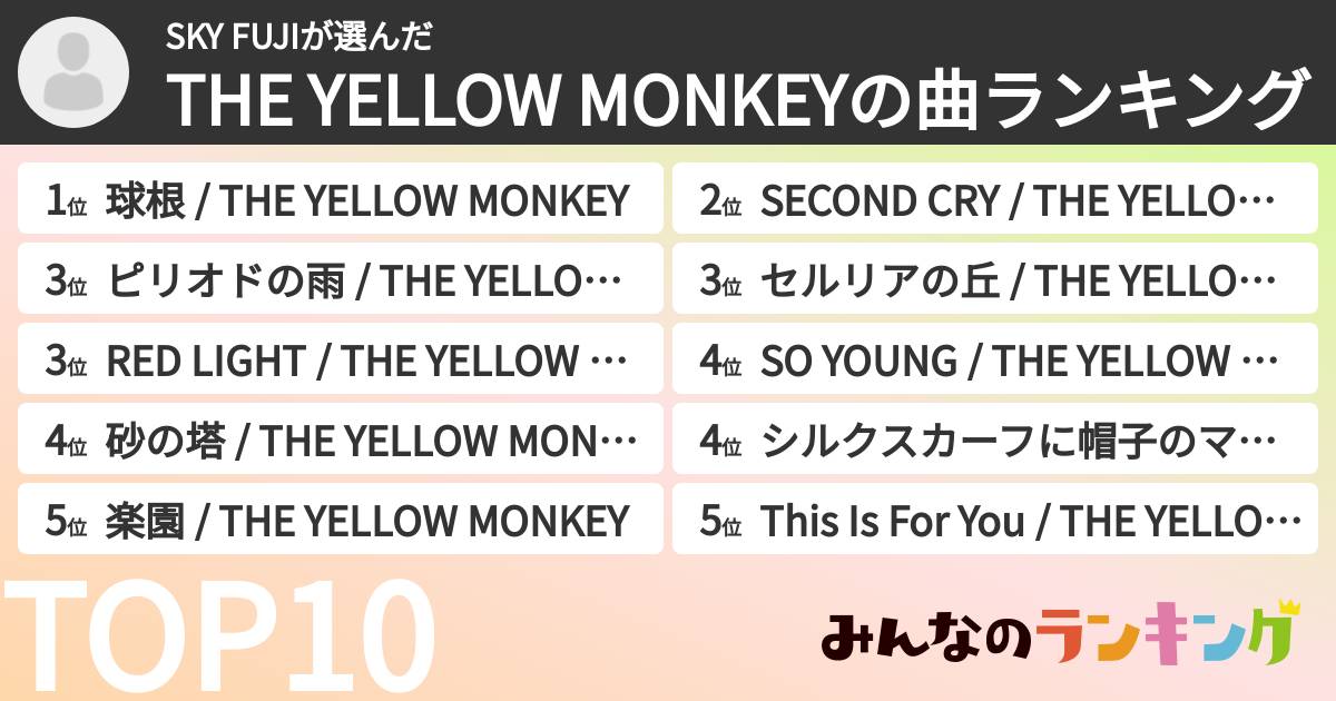 SKY FUJIさんの「THE YELLOW MONKEYの曲ランキング」