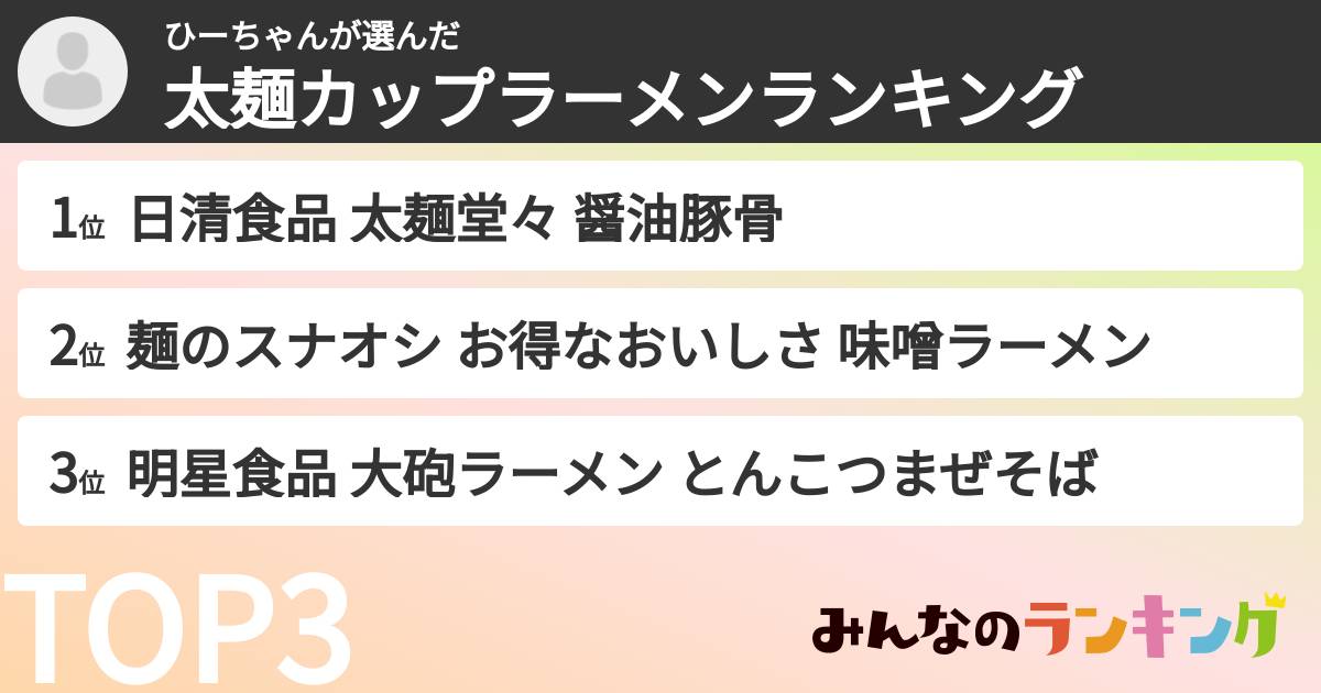 ひーちゃんさんの「太麺カップラーメンランキング」