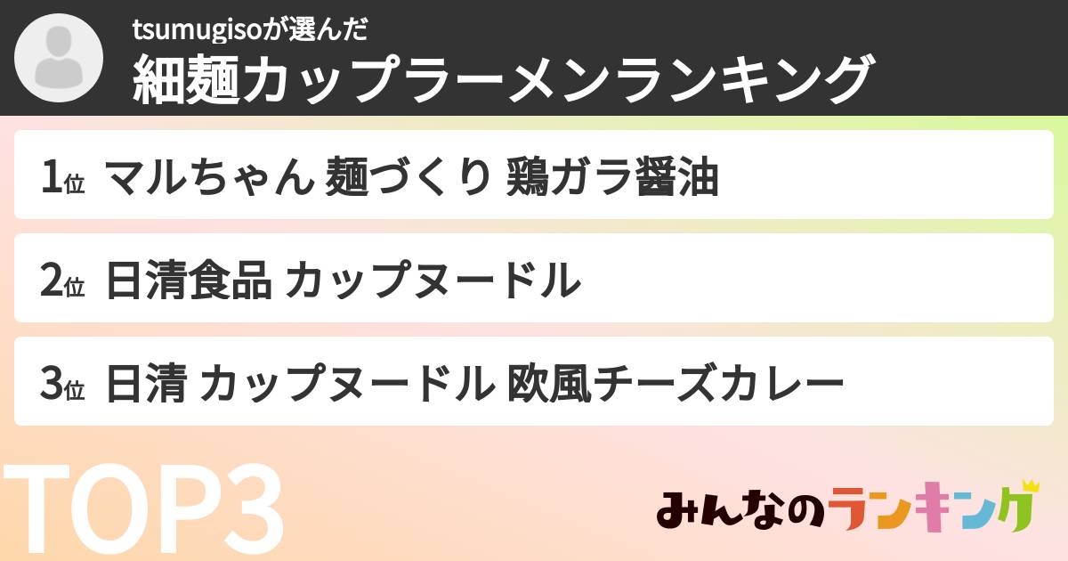 tsumugisoさんの「細麺カップラーメンランキング」
