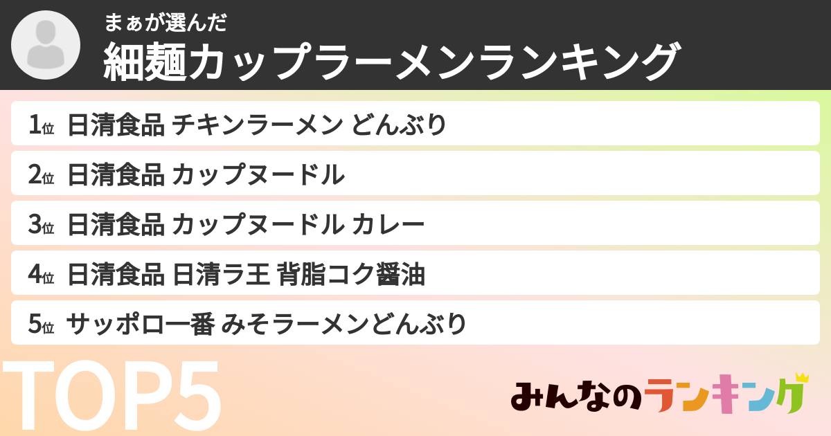まぁさんの「細麺カップラーメンランキング」