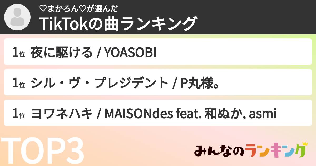 ♡まかろん♡さんの「TikTokの曲ランキング」