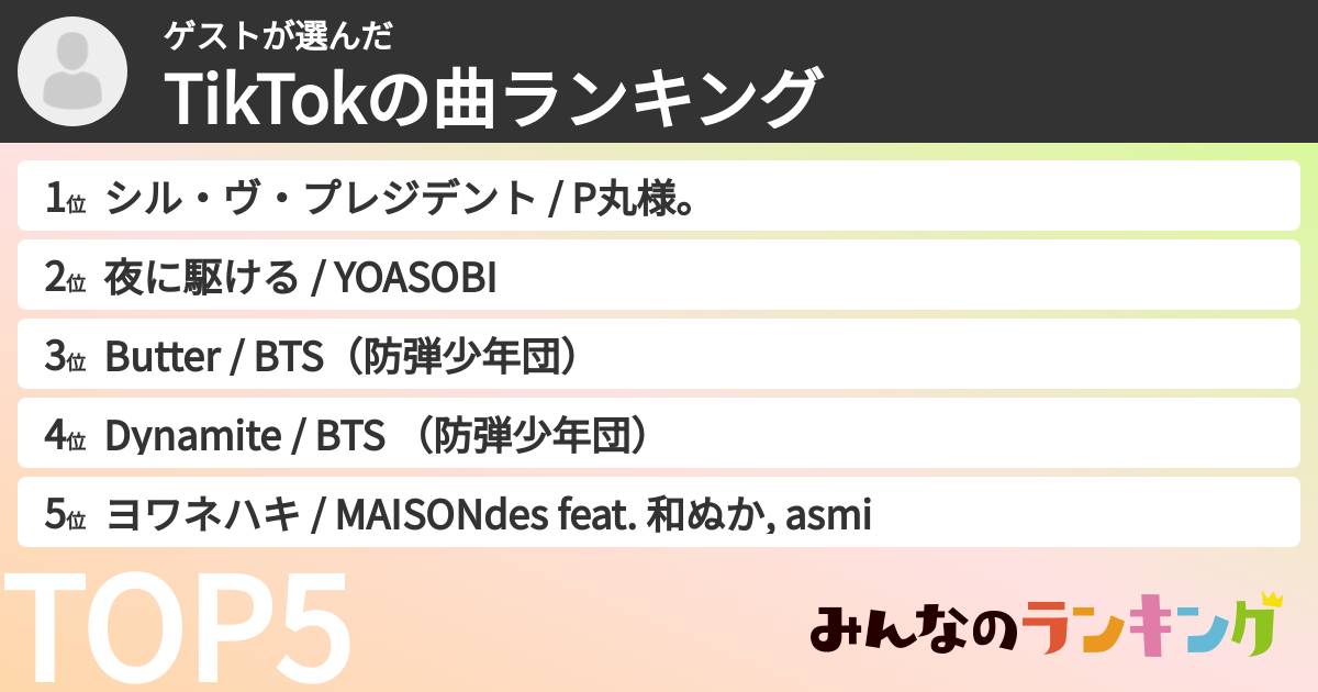 ゲストさんの「TikTokの曲ランキング」