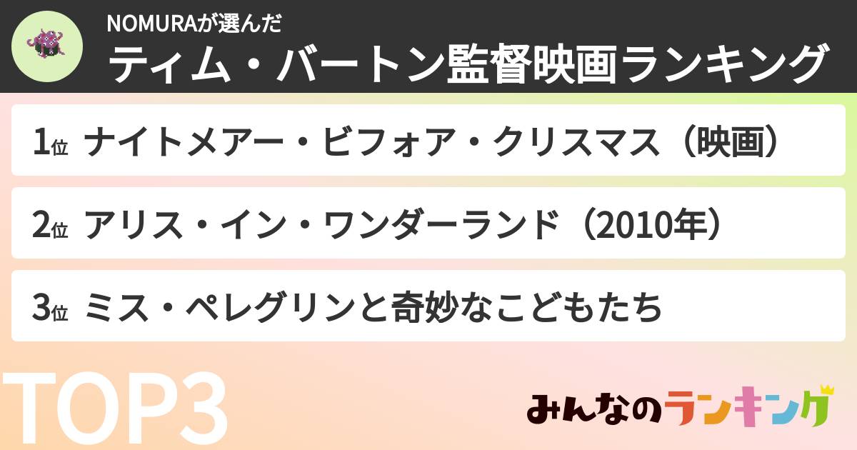NOMURAさんの「ティム・バートン監督映画ランキング」