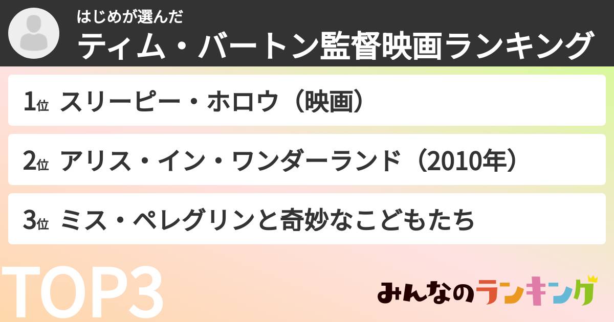 はじめさんの「ティム・バートン監督映画ランキング」