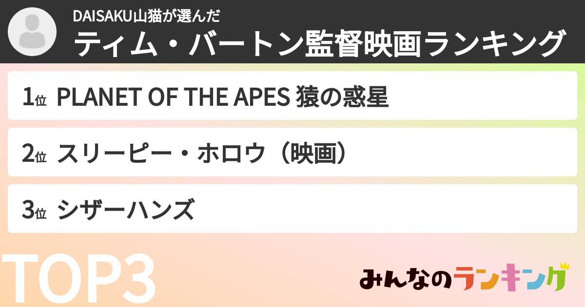 DAISAKU山猫さんの「ティム・バートン監督映画ランキング」