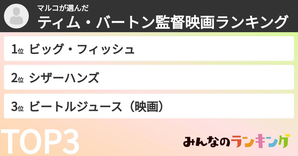 マルコさんの「ティム・バートン監督映画ランキング」