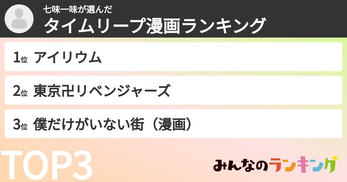七味一味さんの「タイムリープ漫画ランキング」