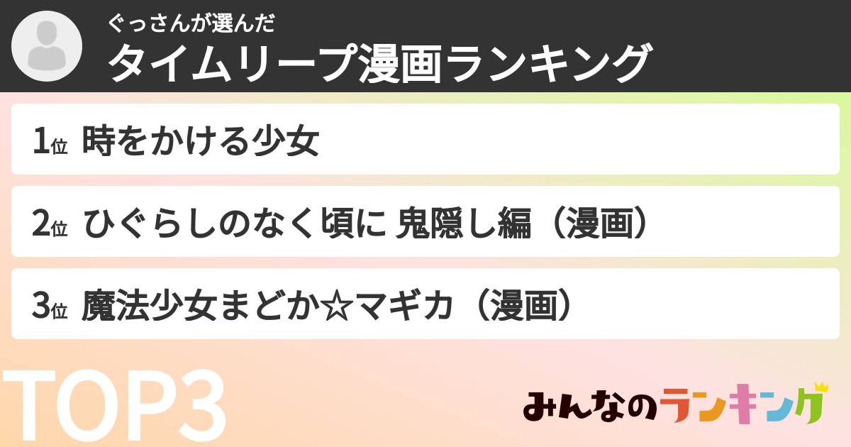 ぐっさんさんの「タイムリープ漫画ランキング」