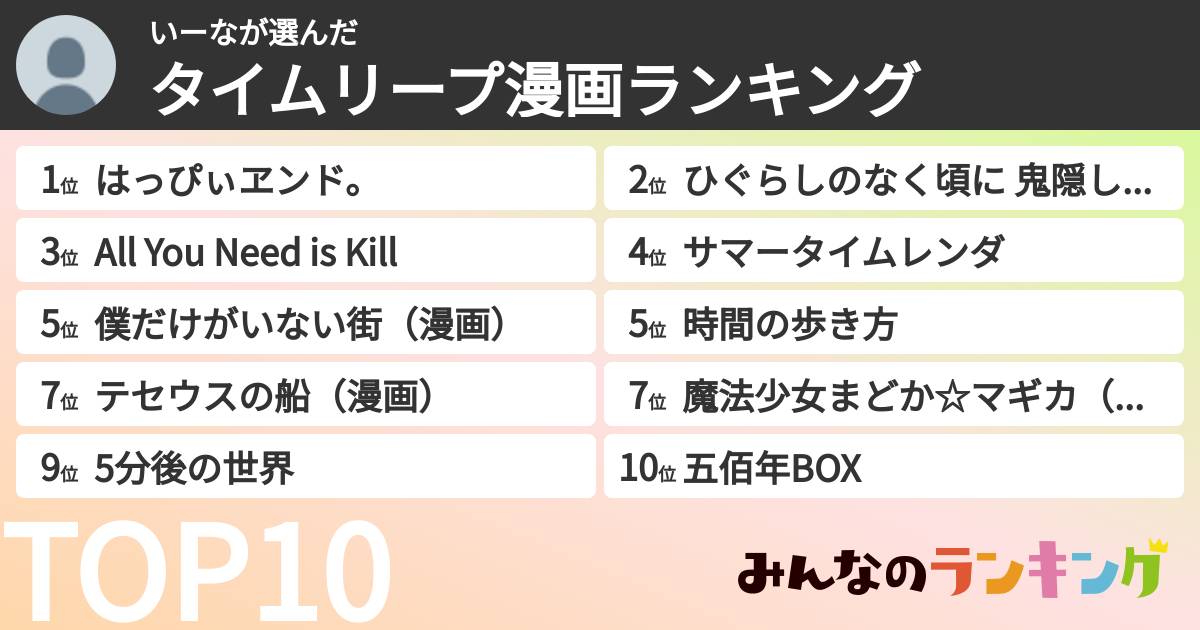 いーなさんの「タイムリープ漫画ランキング」
