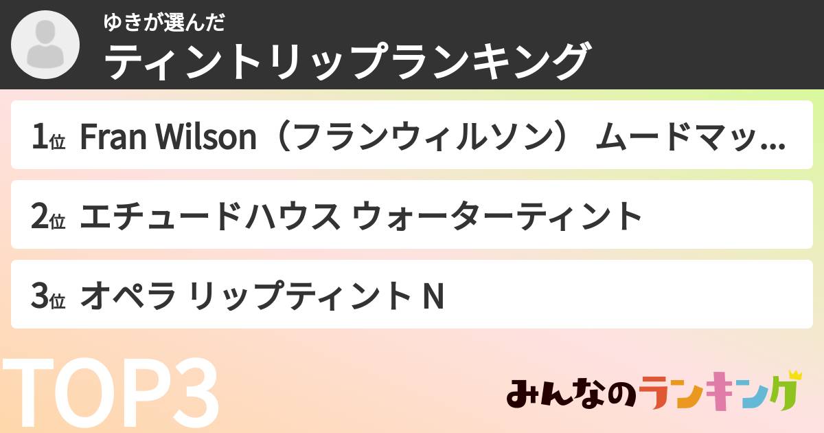 ゆきさんの「ティントリップランキング」