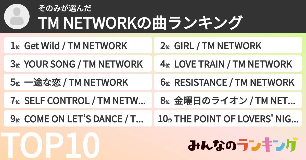 そのみさんの「TM NETWORKの曲ランキング」