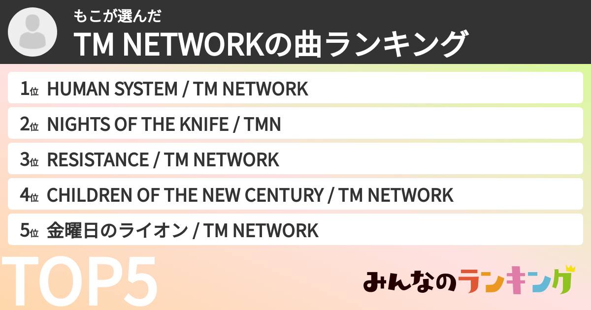 もこさんの「TM NETWORKの曲ランキング」