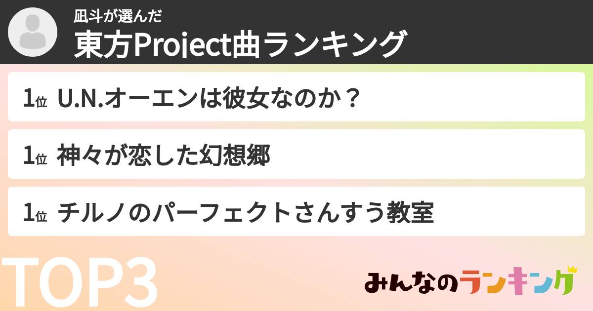 凪斗さんの「東方Project曲ランキング」