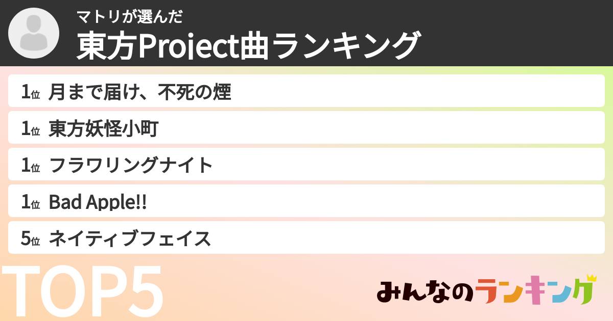 マトリさんの「東方Project曲ランキング」